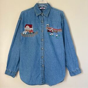 VTG Keren Hart Cotton Western Farm Embroidered Denim Button-Up Shirt SZ L
